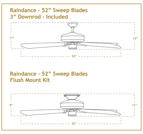 52 inch Raindance Ceiling Fan Dimensions
