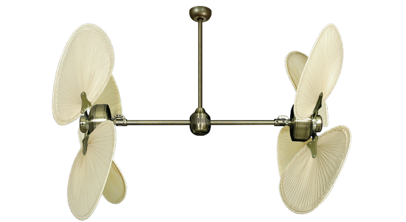 54 inch Twin Star III Double Ceiling Fan -  Natural Palm Blades, Antique Brass Motor Finish
