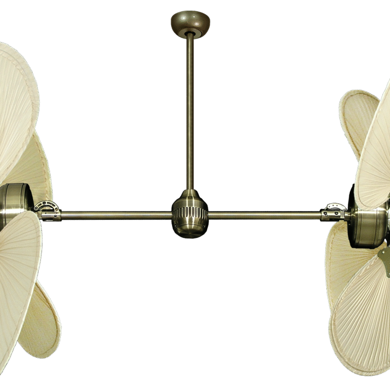 54 inch Twin Star III Double Ceiling Fan -  Natural Palm Blades, Antique Brass Motor Finish